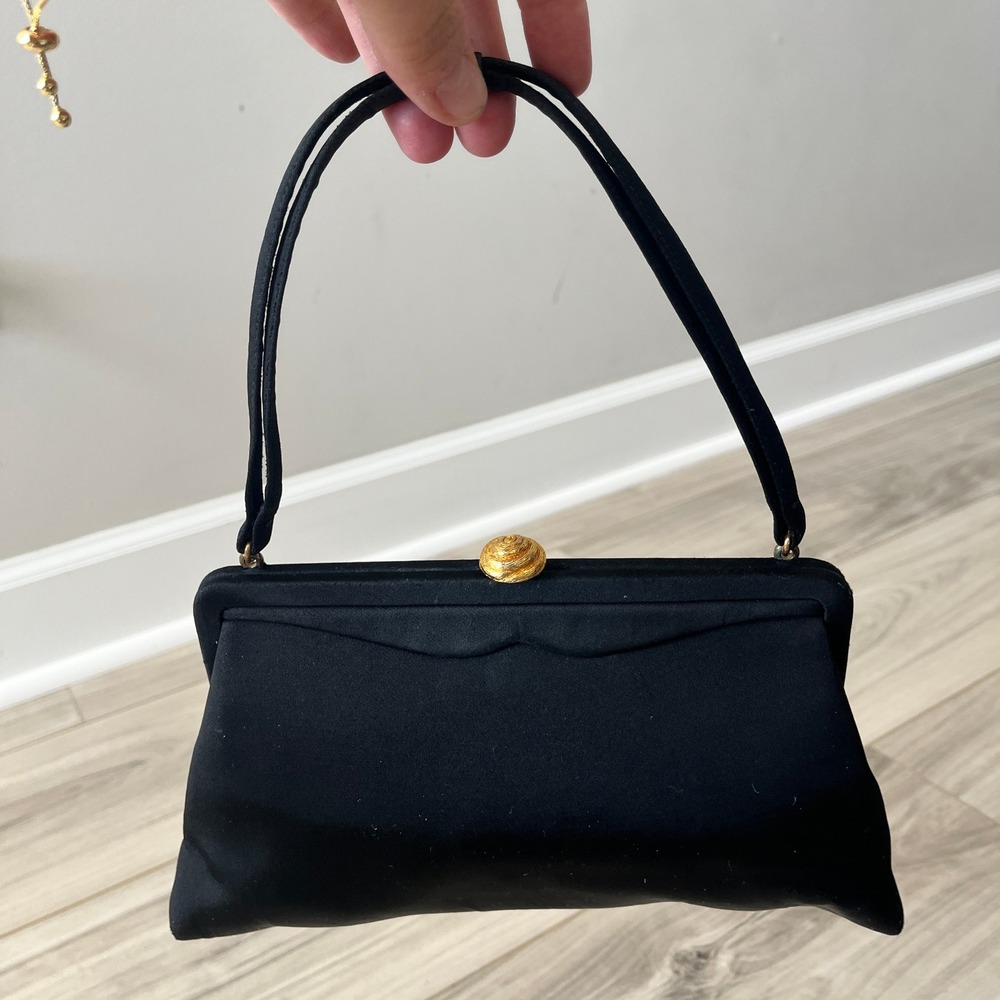 MM Peau De Faille Vintage Evening Bag Clutch Black Satin Gold Seashell Clasp